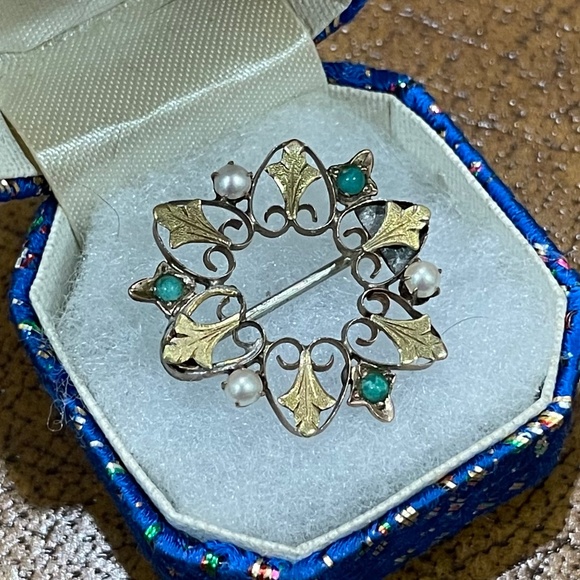 Antique Victorian 10k Yellow Gold Turquoise Pearl Ivy Leaf Wreath Brooch - Picture 4 of 10